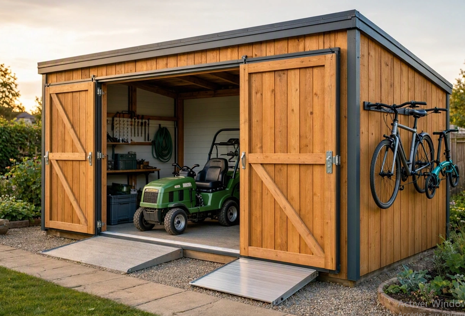 Abri de jardin pour vélos et tondeuse autoportée